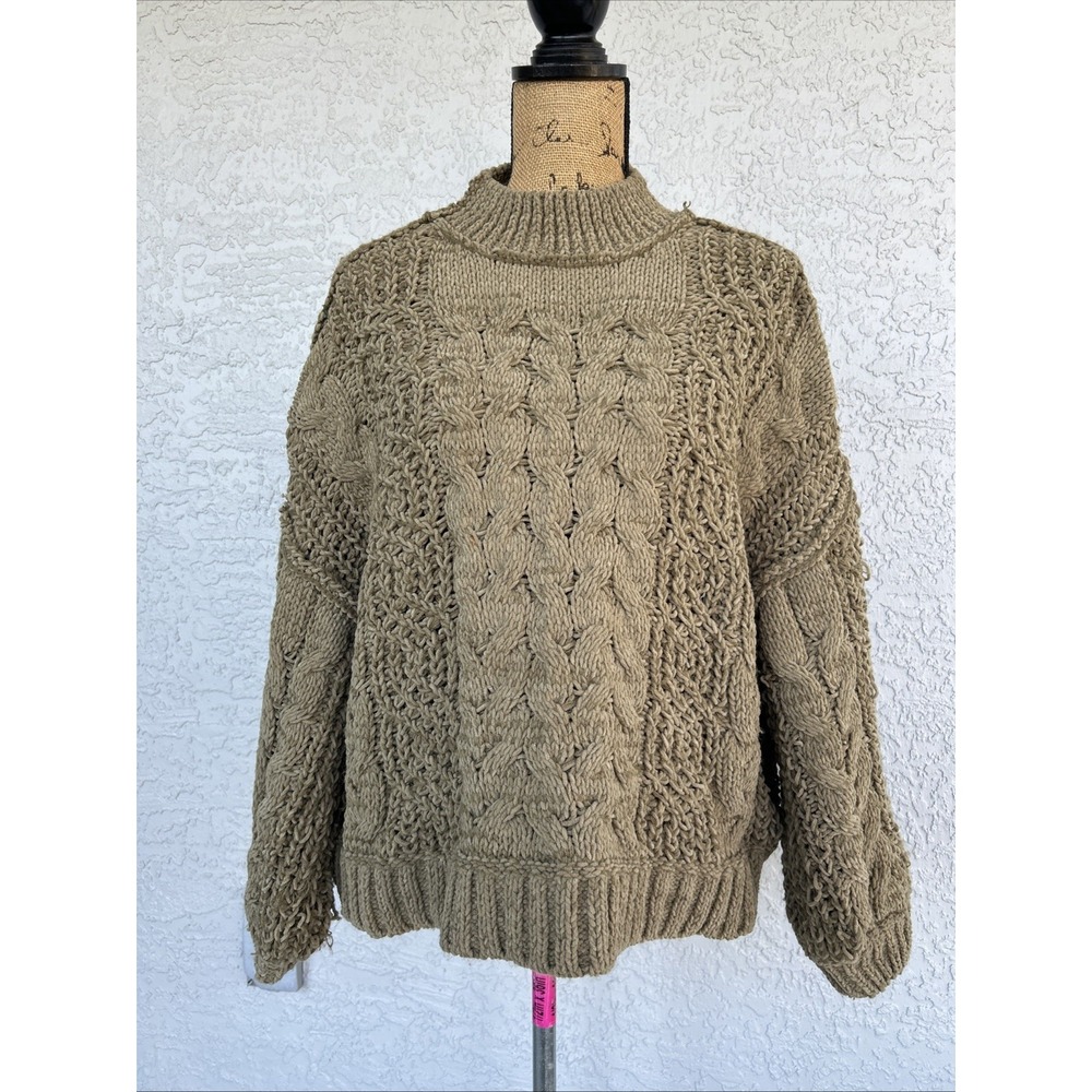 POL Chunky Cable Knit Sweater Chenille Olive Size Small Exposed Seams Mock Neck